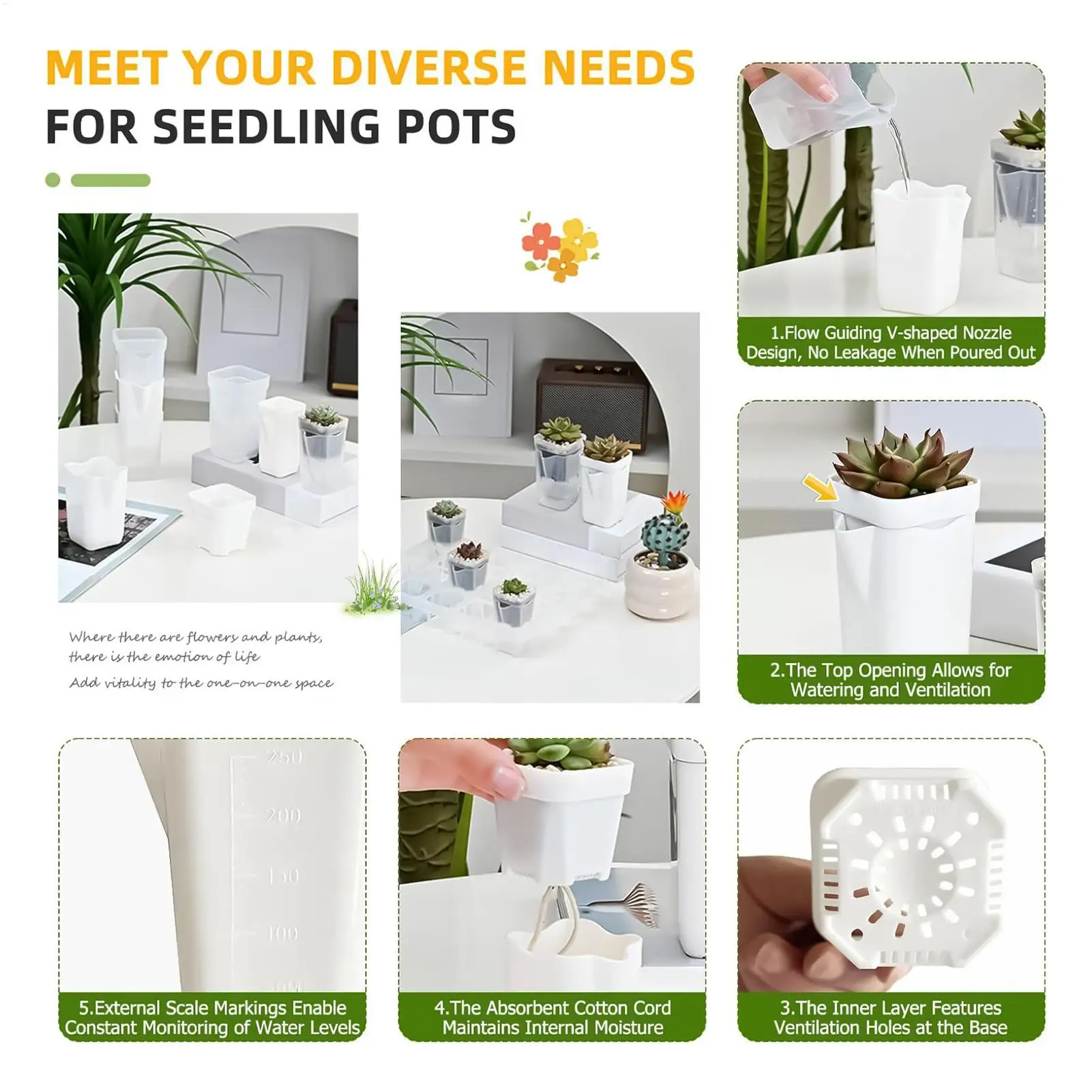 Plant Nursery Pots 10sets Breathable Self Watering Planting Pots Seed Starting Trays Kit for Plants Seedling Cutting Propagation