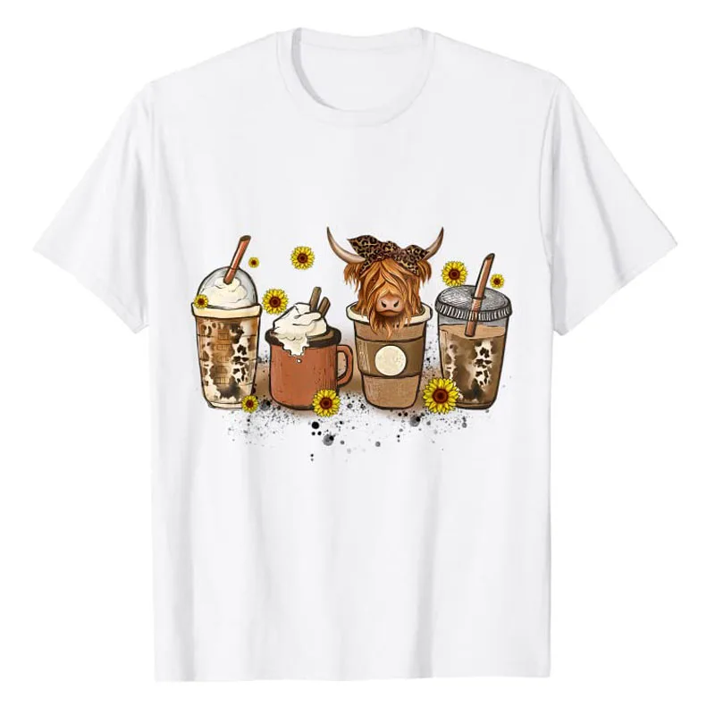 Scottish Highland Cow Sunflower Fall Vibes Coffee Lover T-Shirt Caffeine Addict Coffee Drinker Graphic Tee Tops Y2k Clothes