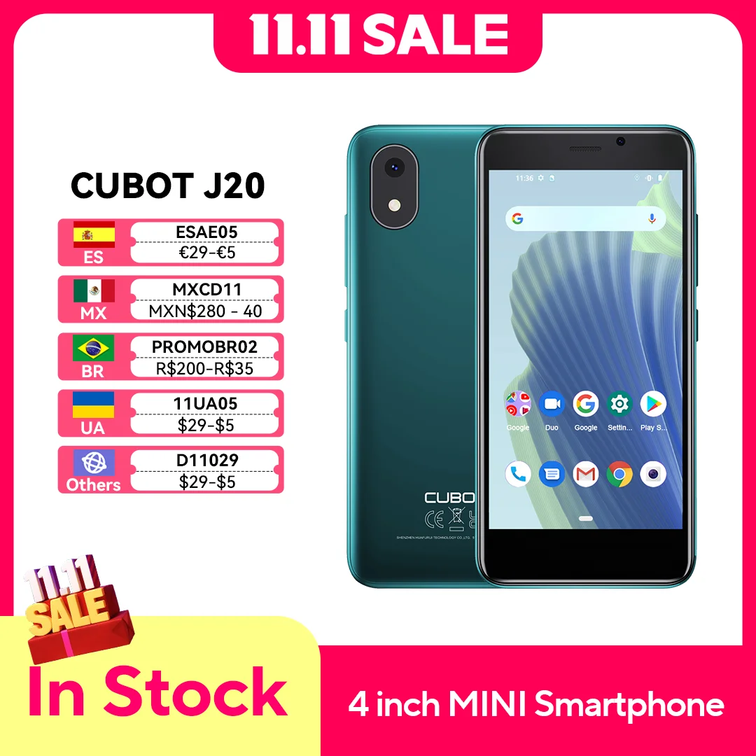 Cubot J20, Android 12, 4-calowy miniekran, 16 GB/32 GB ROM (rozszerzone 128 GB), Dual SIM 4G, bateria 2350mAh,Aparat 5 MP,  wifi, gps, Bluetooth, Identyfikator twarzy