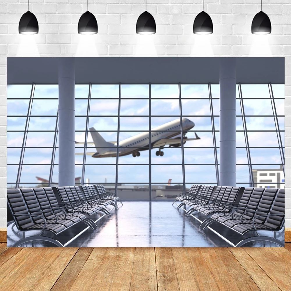 Plane Take Off French Window Photography Backdrop Airport Waiting Room Poster Baby Portrait Photographic Background Photo Studio