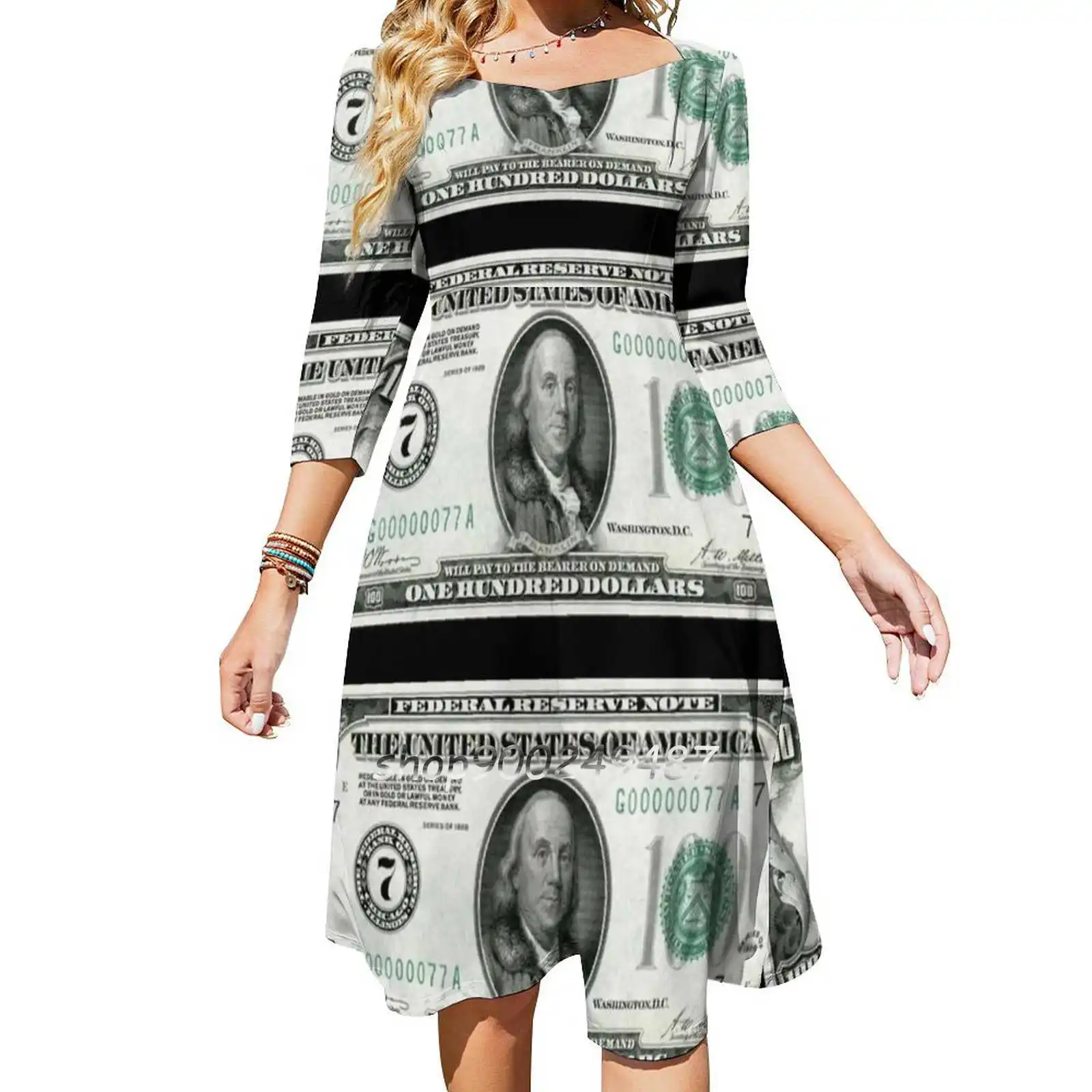 Old School 100 ( Hundred ) Dollar Bill Evening Party Dresses Midi Sexy Dress Female Sweet One Piece Dress Korean Money Hondo