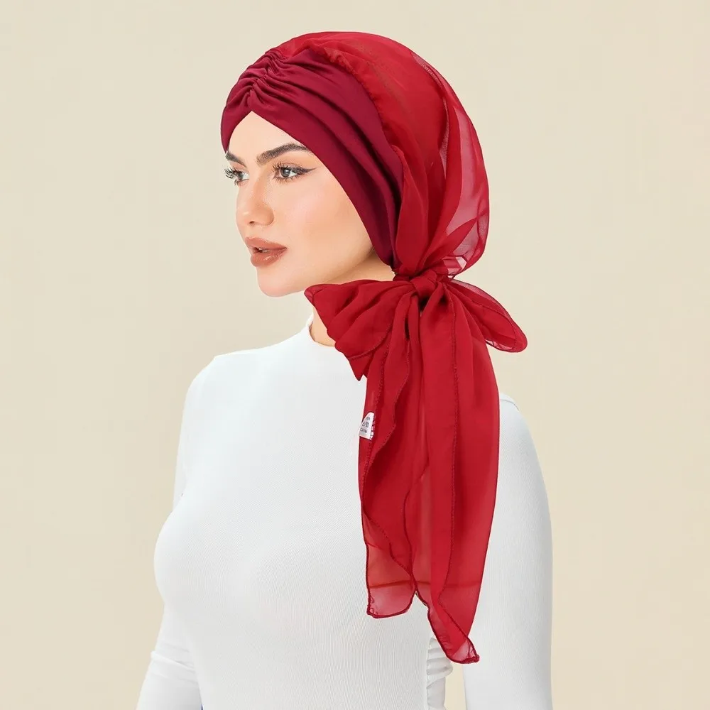 

Comfortable Flower Hijab Caps Elastic Wrap Style Islamic Bottoming Hat Soft Polyester Breathable Pre-tie Turban Hat Hair Loss