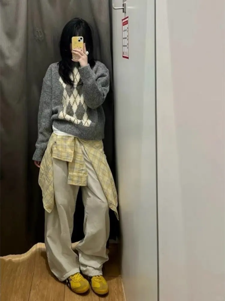 Retro American Lazy Sle ey Strickpullover Winter Lose Einzigartige runde Ne Long Sve Rautenmuster Pullover Top