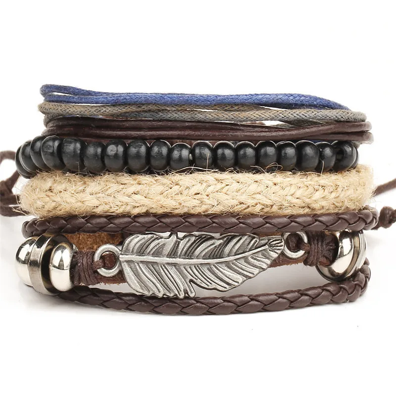 Vintage Multilayer Braided Leather Bracelets Men Women Star Moon Leaf Metal Handmade Adjustable Wrap Bracelets Bangles Male Gift