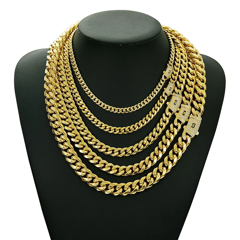 6-14mm Bling Gold Color Stainless Steel Cuban Miami Chains Necklaces CZ Zircon Box Lock Link Chain for Men Hip Hop Rock jewelry