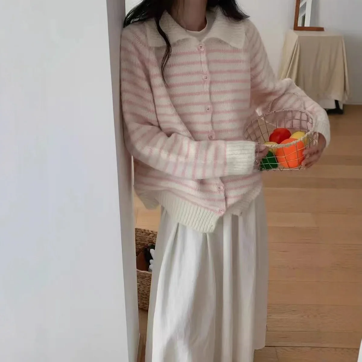 

Women's Autumn Winter New Style Single Button Sweater Jacket Small Size Top Retro Korean Striped Knitted Open Cardigan