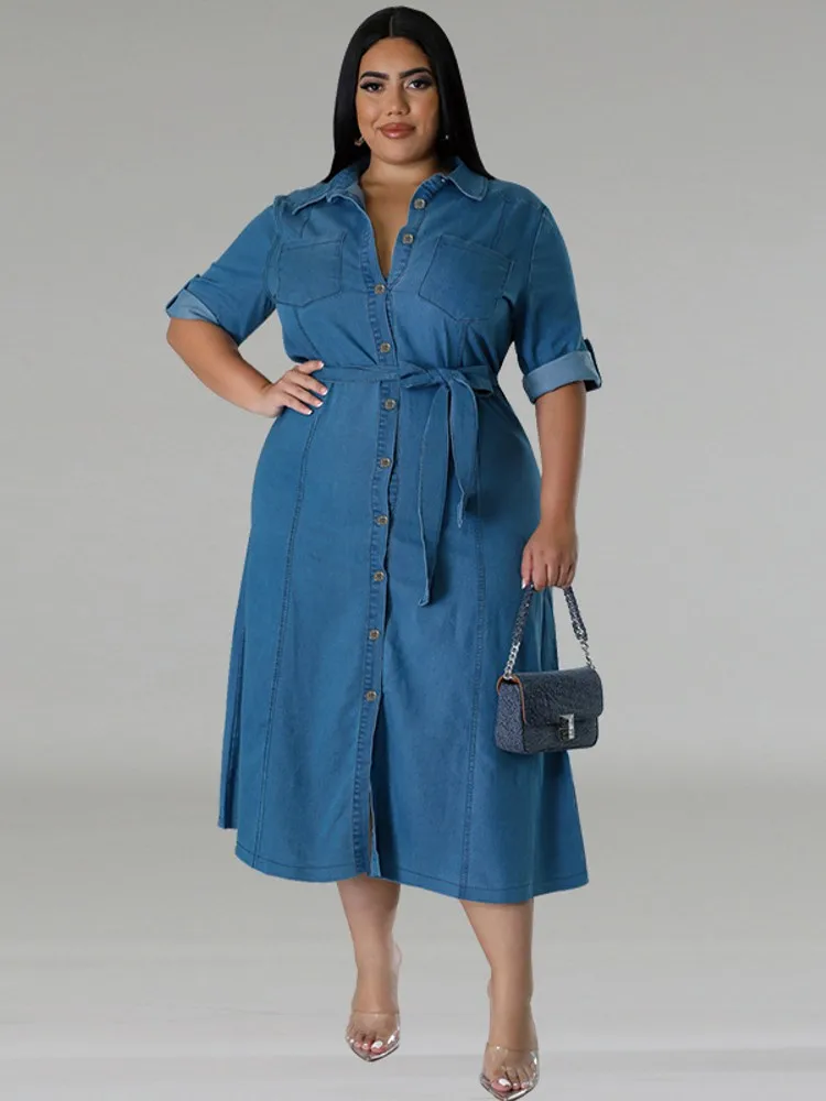 XL-5XL Plus Size Clothes Dresses Women Robes Summer Denim Loose Street Style Casual 3XL 4XL Duży rozmiar Midi Dress Oversized