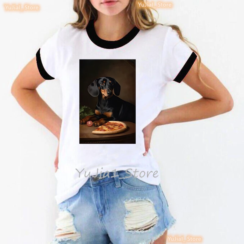 

Dachshund Love Pizza Animal Printed T-Shirt Women Art Aesthetic Clothes Funny Dog Tshirt Femme Summer Tops Short Sleeve T Shirt