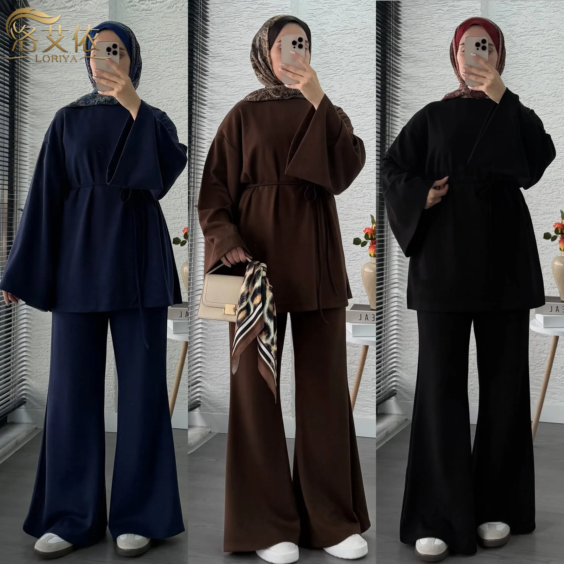 

Muslim Women 2 Piece Set Pleated Long Sleeve Tops Wide Leg Pants Trousers Suit Dubai Abaya Turkish Kaftan Dress Gown Eid Mubarak