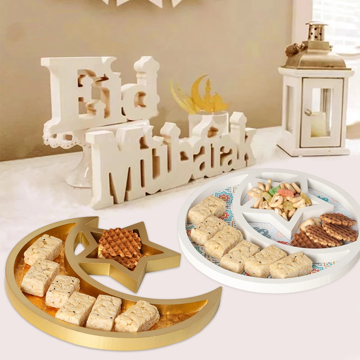 Mondstern-Holztablett, Eid Mubarak, Ramadan-Dekoration für Zuhause, islamische muslimische Party-Dekoration, 2025, Ramadan Kareem Eid Al Adha-Geschenke