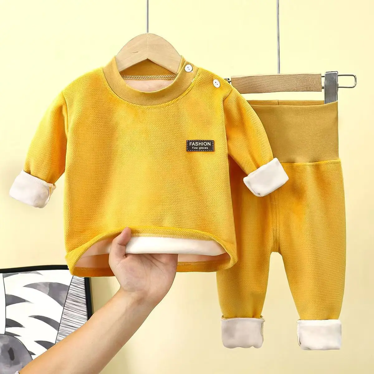 Autumn Winter Baby Plush Fleece Thickened Thermal Underwear Sets 0-4Y Kid Boy Girl High Waist Warm Homewear Top and Pants Outfit