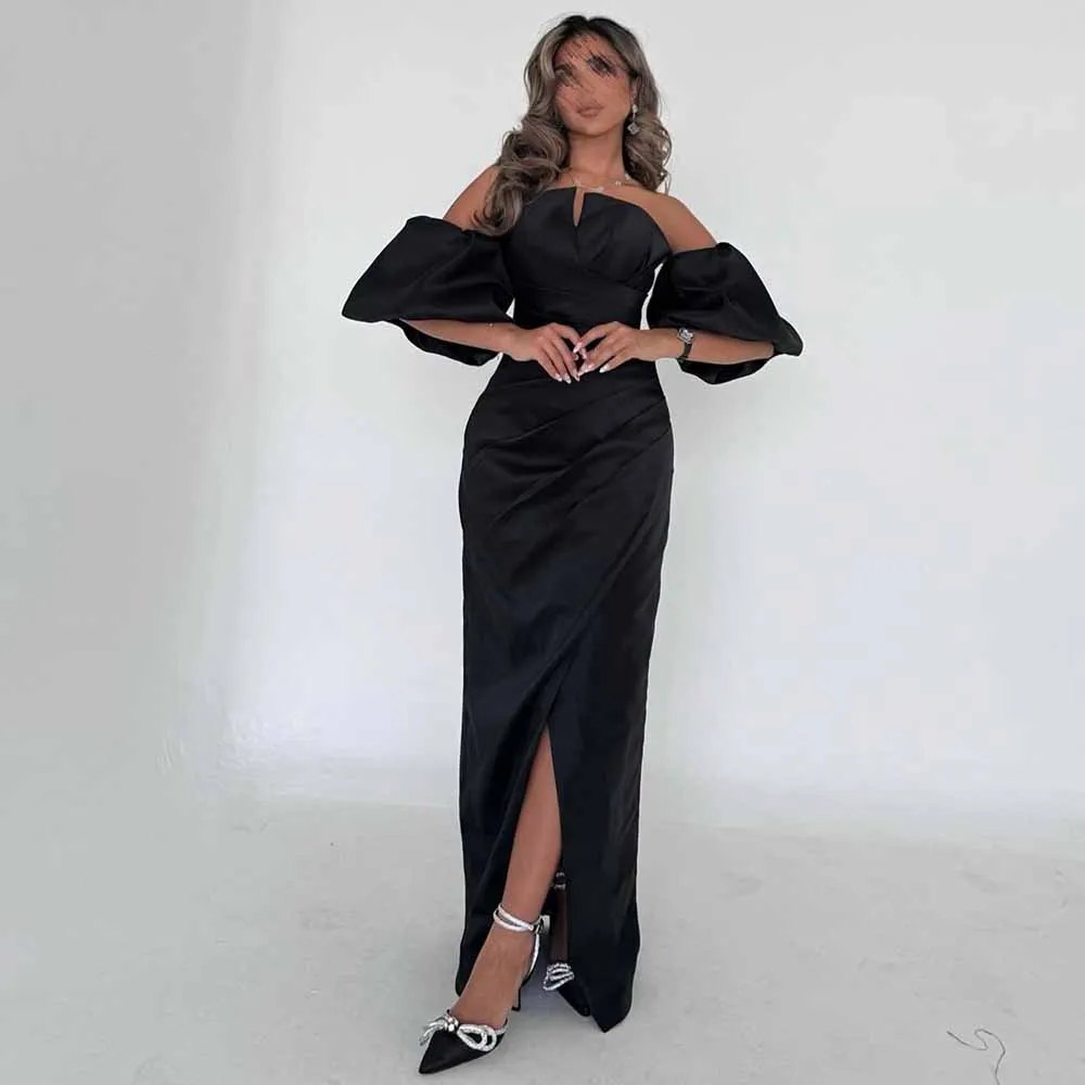 

Modern Women's Cocktail Party Gowns 2025 Satin Sheath/Column Birthday Dress Black Strapless Puff Sleeve Pleat Split Prom Dress