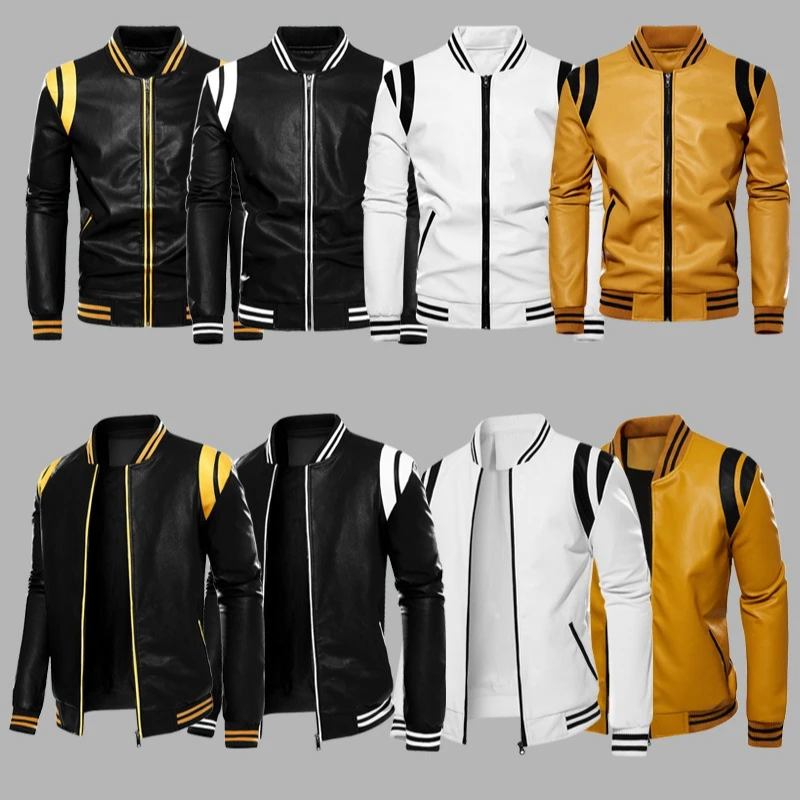 

Motorcycle Men Leather Jacket Patchwork Biker Coat Motorcycle Jackets Mens Winter Casual Fleece Warm Coats Stripe Loose Outwear