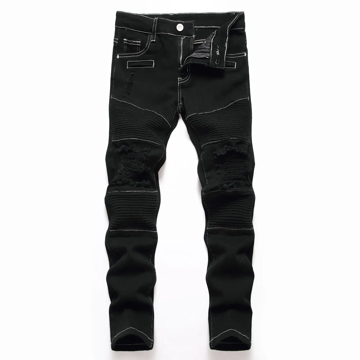 

European American Motorcycle Boy Black Stretch Straight Jeans Kids Casual For Seasons Denim Pants Children Trousers 6-16