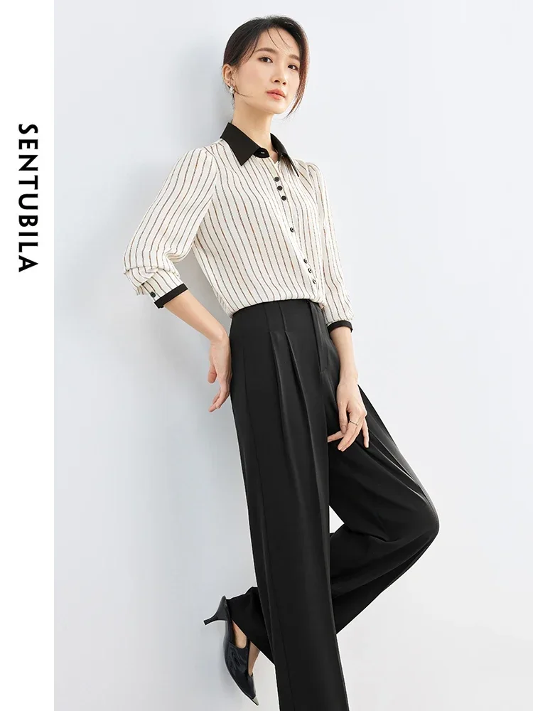 SENTUBILA Two Piece Women Sets Striped Casual Shirt Black Dress Pants 2024 Spring Autumm Commute Business Outfits 141Z53065