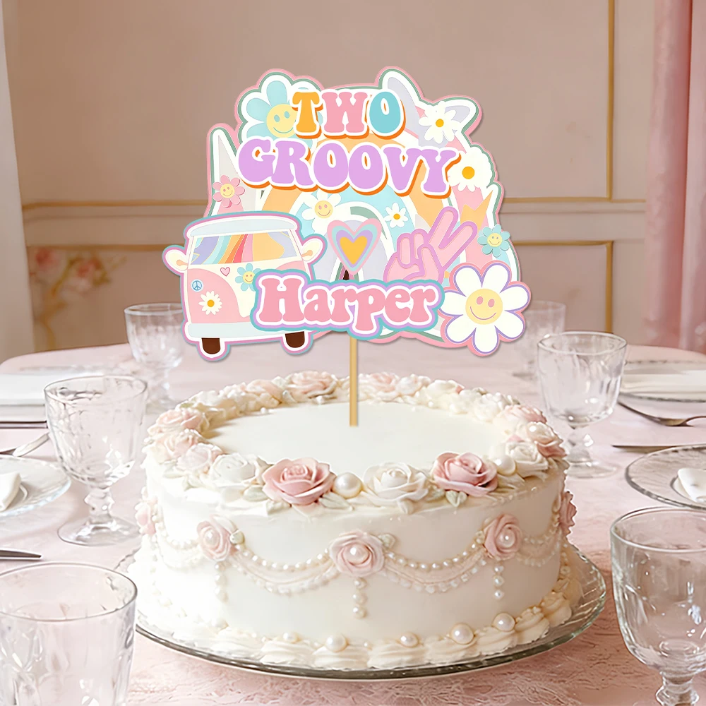 1pcspersonalized  Two Groovy design cake topper custom name and age vehicle themed birthday party decor
