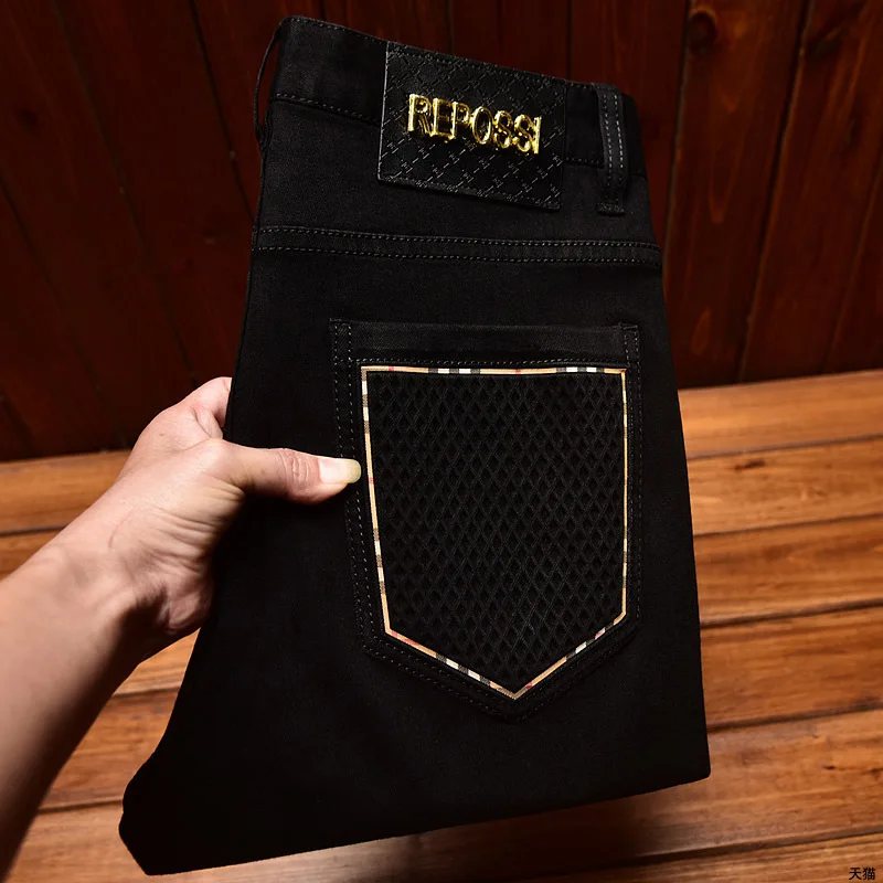 Jeans preto leve, luxuoso e simples, masculino, reto, slim fit, casual, na moda, magro, elástico, na moda, todos os fósforos, novo, 2024