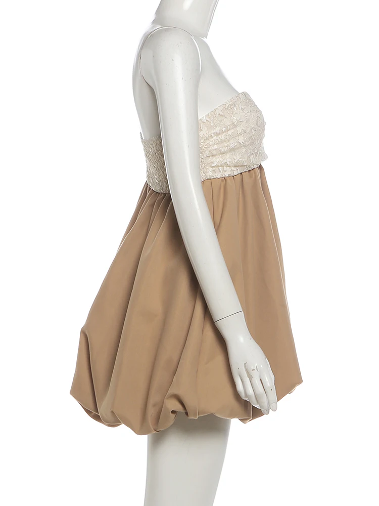 Weird Puss Spitzen-Patchwork-Kleid für Damen, One-Shoulder, Falten, bauschiger Saum, ärmellos, süßer Stil, modisch, schick, klassisch, Streetwear, figurbetont – Detail 5