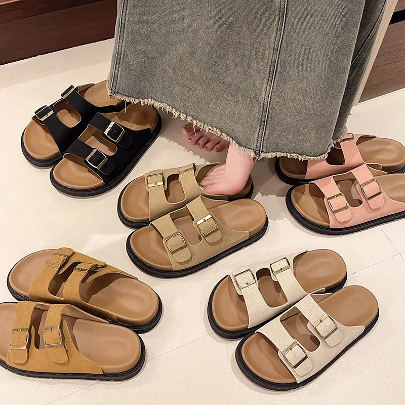 2025 New Fashion Women's Suede Mules Slippers Men Clogs Cork Insole SandalsOutdoor Beach Slides Home Shoes