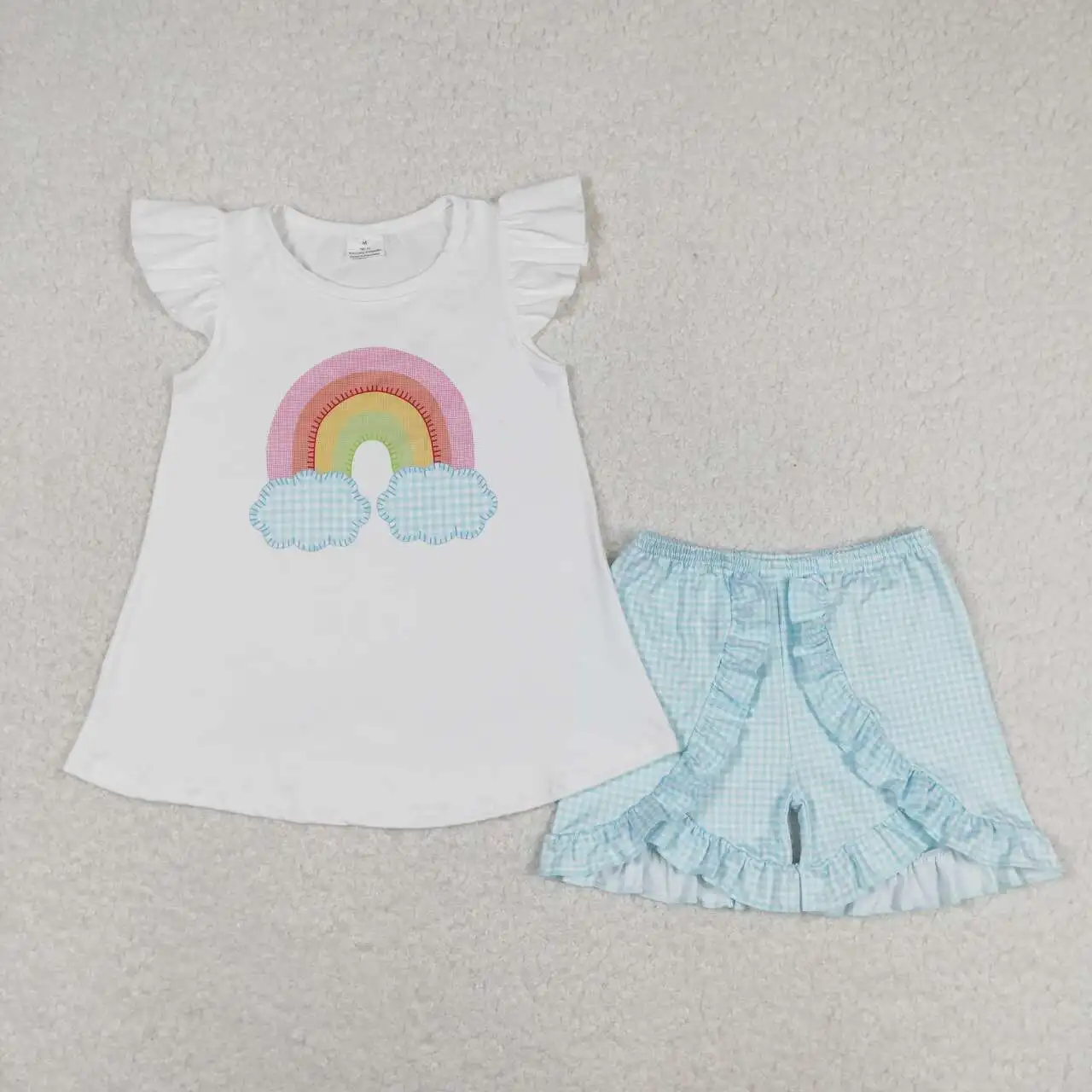 

Boutique wholesale rainbow clothing Toddler girls summer Outfits Baby Short Sleeves Top blue Shorts Kids new arrivals sets