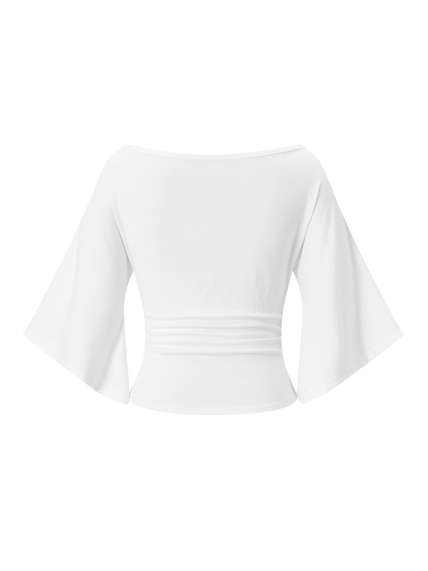 Damen-Sommer- und Herbst-Crop-Tops mit freiem Schulterbereich und Glockenärmeln, einfarbige T-Shirts – Detail 7