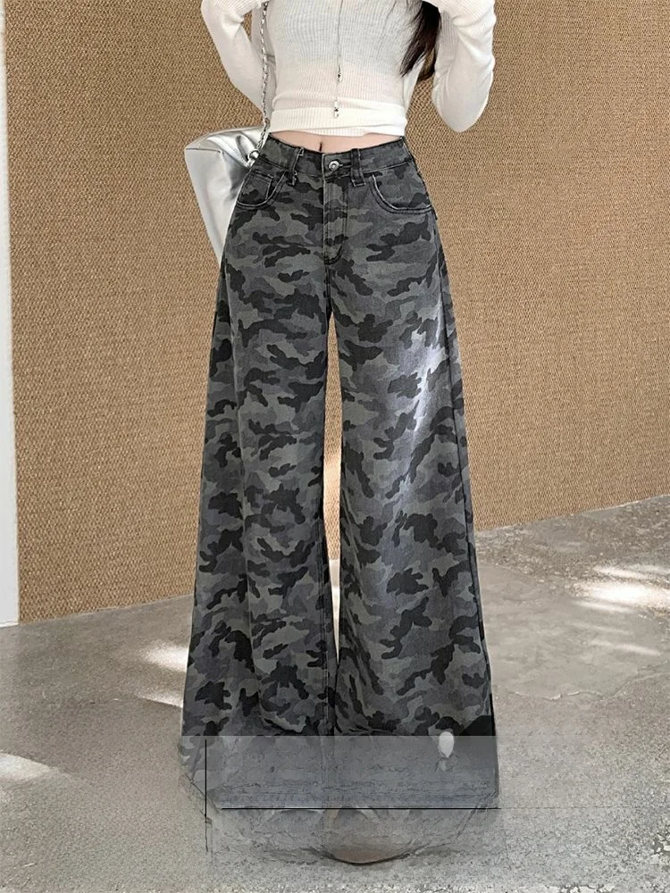 

High Waist American Style Camouflage Straight Leg Workwear Jeans Women's Summer New Loose Wide Leg Pants Vintage Pure Color