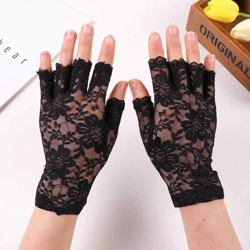 Lace Gloves Womens Sexy Dance Gloves Half Finger Fishnet Gloves Mesh Mitten Lace Driving Gloves Long Fingerless Sunscreen Mitten