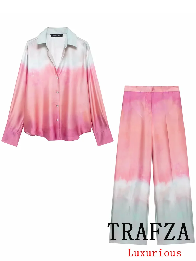 TRAFZA Vintage Casual Chic Women Suit Tie Dye Single Breasted Long Sleeve Shirt Loose Long Pants Fashion 2024 Summer Sets