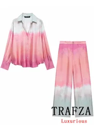 TRAFZA Vintage Casual Chic Women Suit Tie Dye Single Breasted Long Sleeve Shirt Loose Long Pants Fashion 2024 Summer Sets