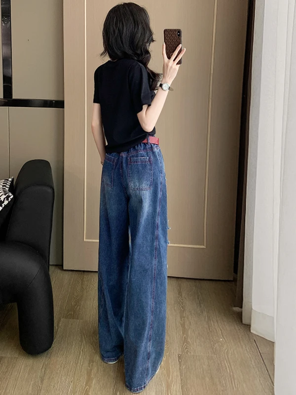 Fashionable Hong Kong Style Women's Slimming Black Short Sleeve T-Shirt Wide Leg Jeans Two-Piece Set Comfortable Cotton Summe... view 5