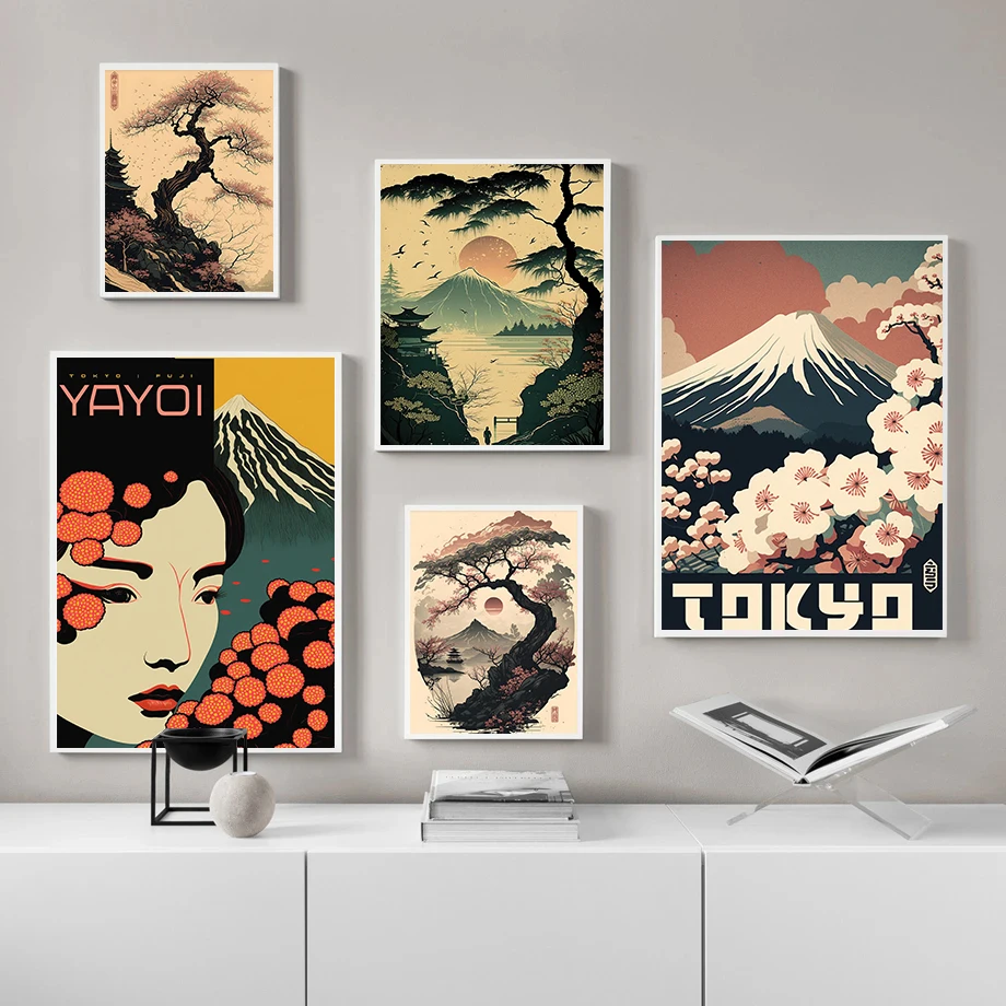 1PC Frameless  Japan Landscape Fuji Mountain Cherry Blossom Posters Moody River Prints Canvas Painting Wall Art Pictures Home Li