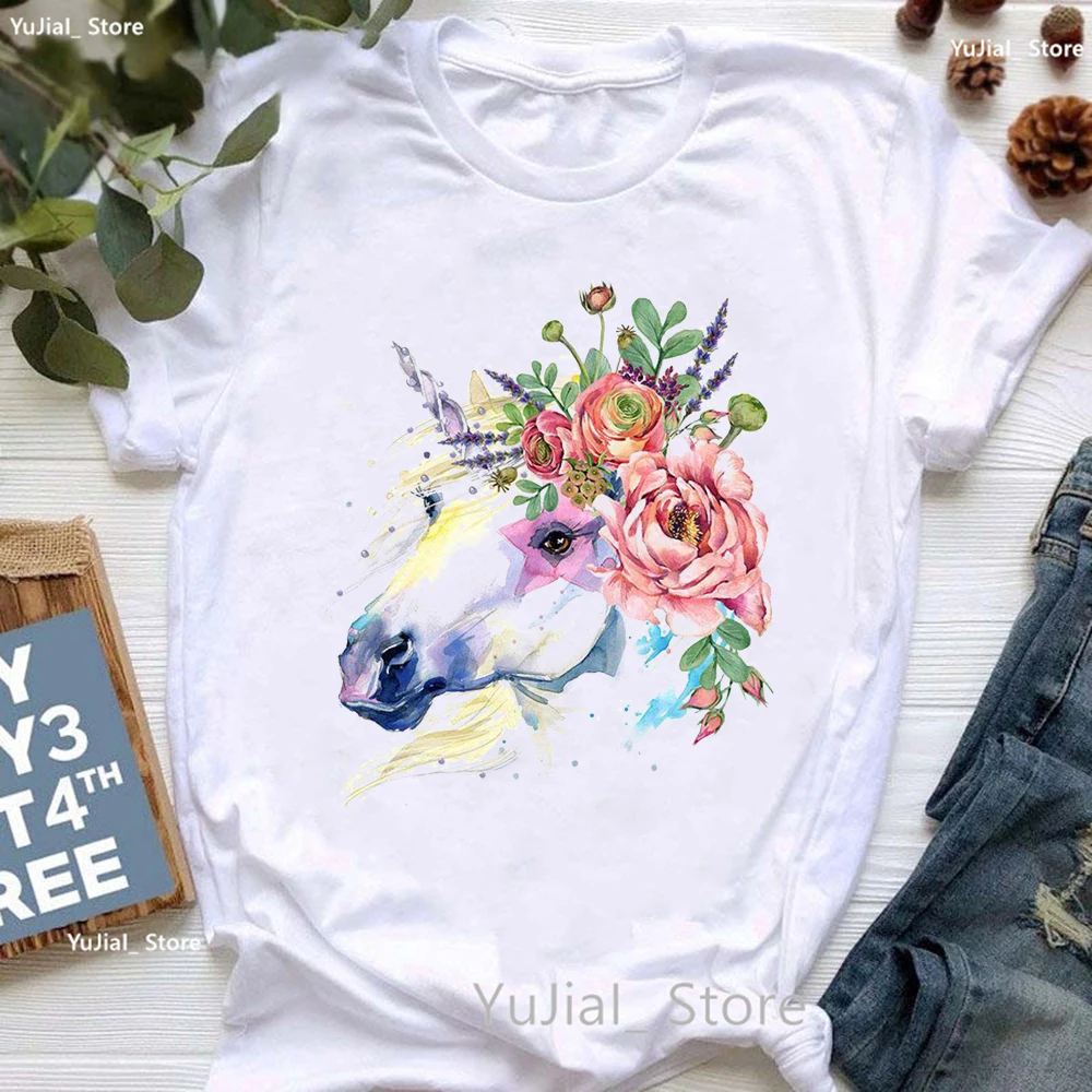 Watercolor Unicorn Flowers Print T Shirt Girls Kawaii Dolphin Dog Tshirt Women Summer Tops Fashion Short Sleeve T-Shirt Female