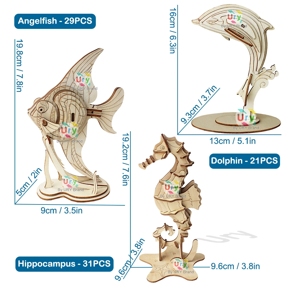 Ury 3D Wooden Puzzle 6 Marine Animals Family Dolphin Whale Sea Turtle Angel Fish Shark Model DIY Educational Toys Gifts for Kids