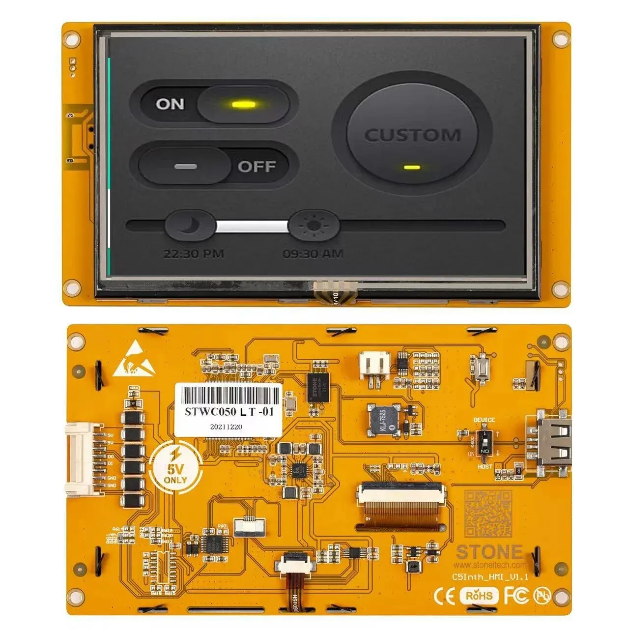 

5 inch TFT HMI Driver GUI project via the free STONE GUI software the easy Drag-and-Drop components and Simple JSON code reduce