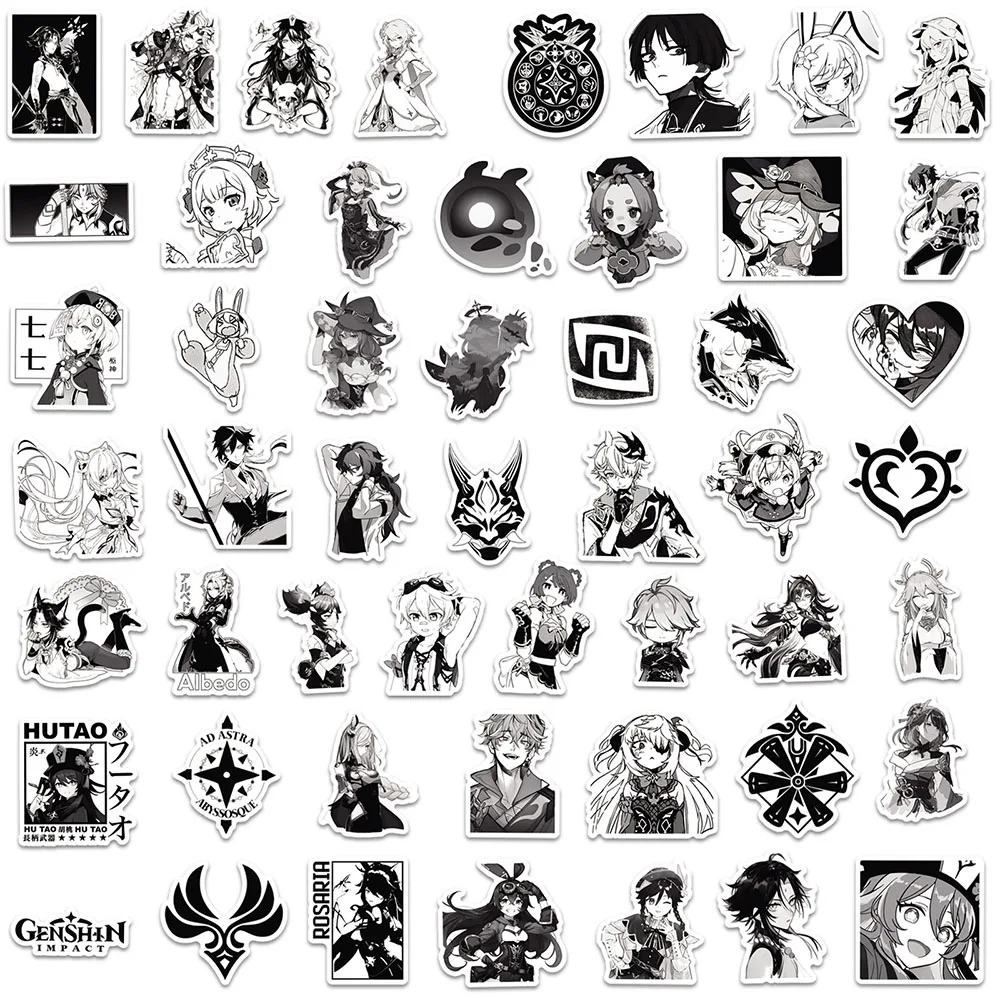 10/30/50PCS Cool Genshin Impact Stickers Black  White Graffiti Anime Game Decals Toy Gift DIY Skateboard Notebook Phone Luggage