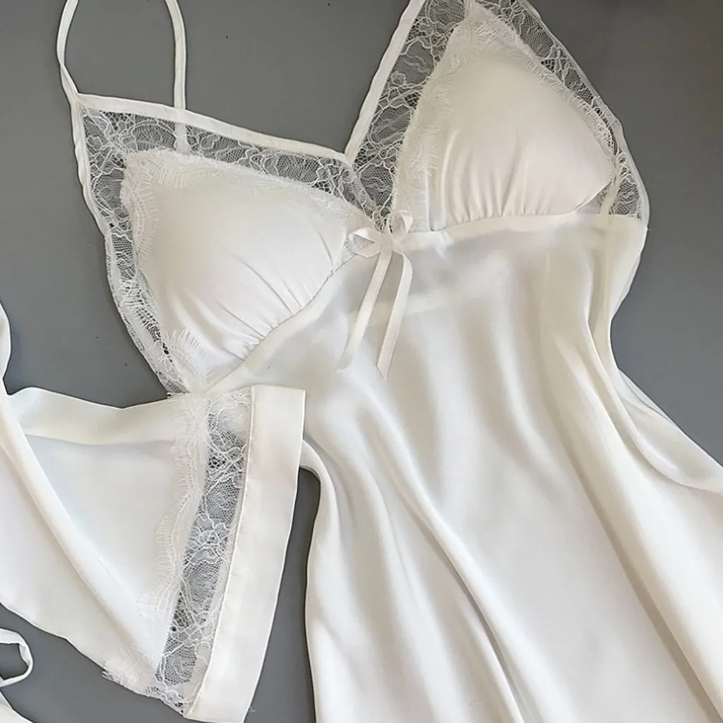 Novo conjunto de duas peças de pijamas de seda de cetim para senhoras cor sólida borda de renda sexy moda robes e suspender sleepwear vestido