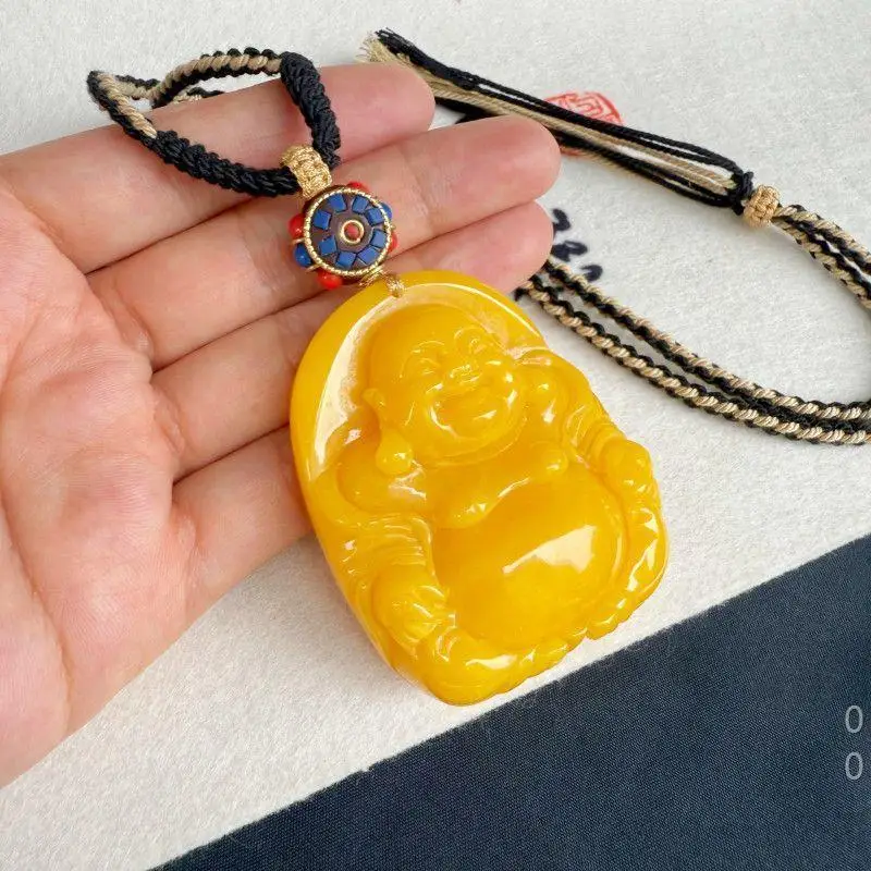 Honey Wax Maitreya Pendant Necklace, Laughing Buddha with a Big Belly, Authentic Raw Material Carving