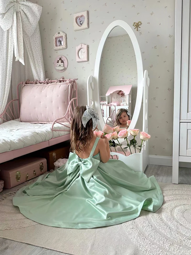 

Платье с цветочным узором для девочек на свадьбу, синее атласное платье без рукавов с бантом, детское платье принцессы на заказ для первого евхаристического дня рождения