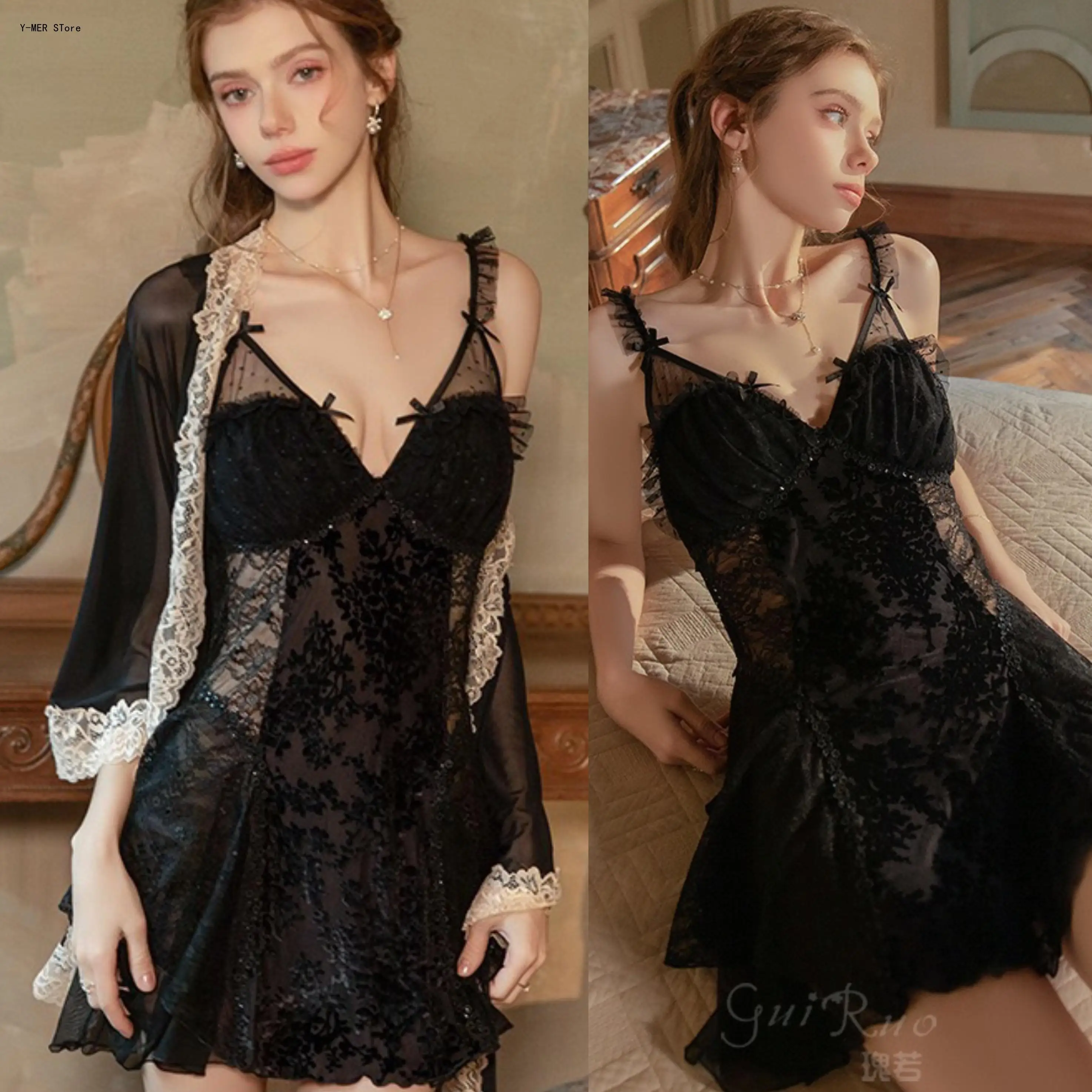 Sexy Flocked Mesh Backless Loungewear Set, Cami Slip Dress with Removable Padded Cups & Matching Long Robe for Women Night Wear