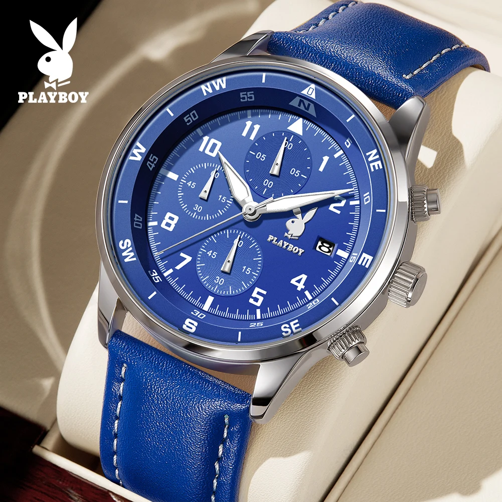 

PLAYBOY 3303 Fashion Brand Quartz Movement Watch Big Chronograph Dial Leather Strap HD Luminous Function Calendar Window Watch
