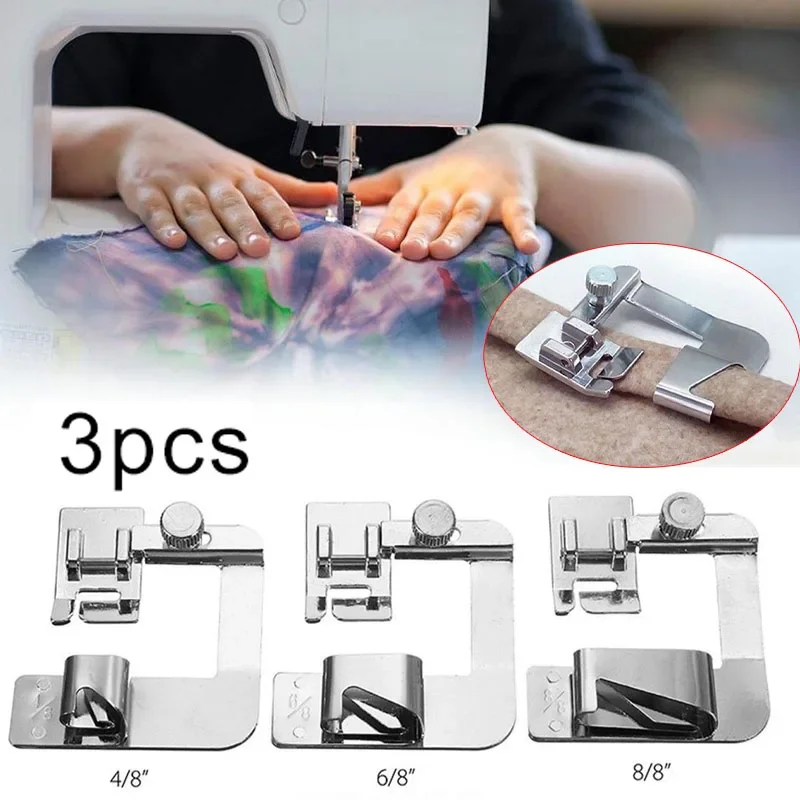 3pcs Wide Rolled Hem Pressure Foot Sewing Machine Presser Foot Hemmer Foot Set 4/8 6/8 8/8inch Low Shank Sewing Machine