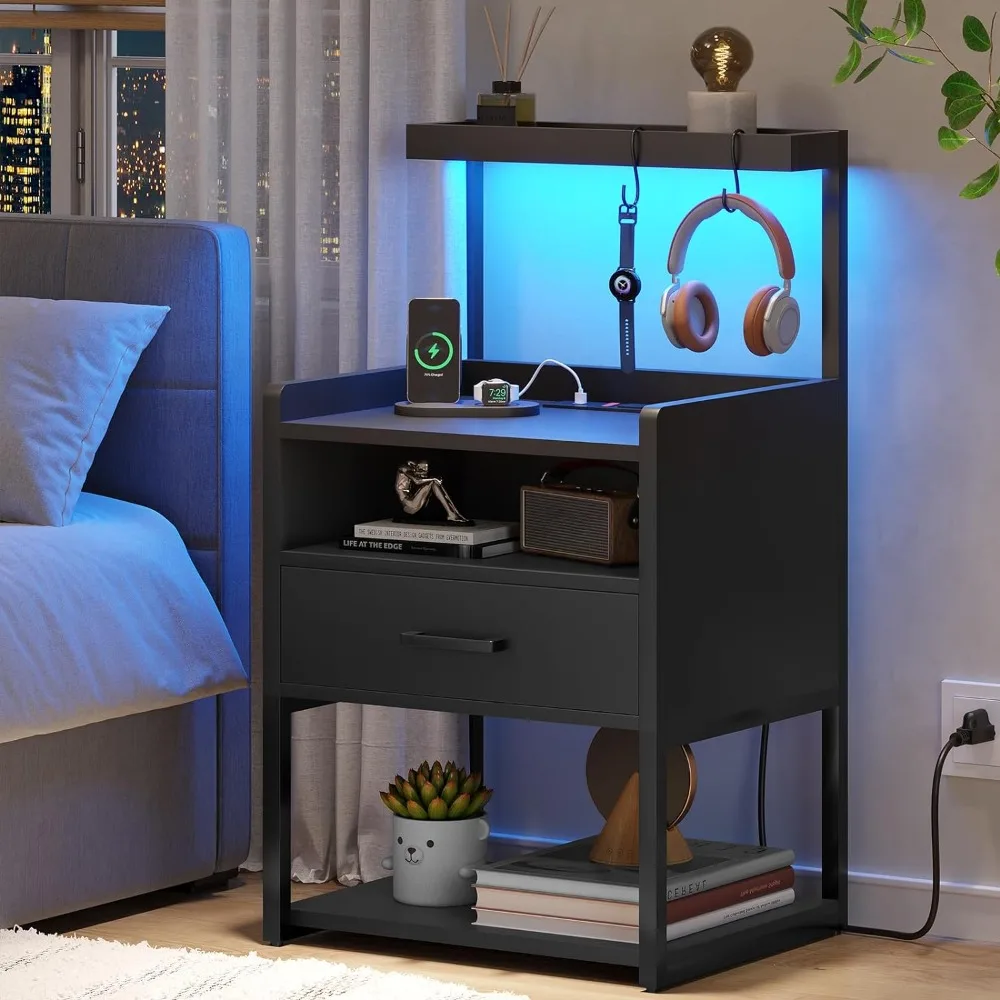 

Nightstand with Charging Station and LED Lights, Nightstands with Drawer, End Side Table with Open Storage Shelves, Nightstand