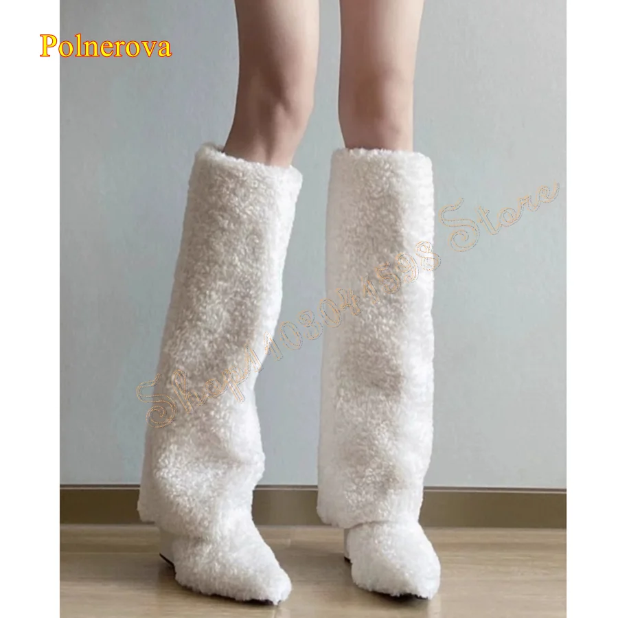 Winter Warm Lamb Wool Women Boots,Fashion Pointed Toe Wedge Knee High Boots Camping Party Boots 2023 New Zapatos Para Mujere