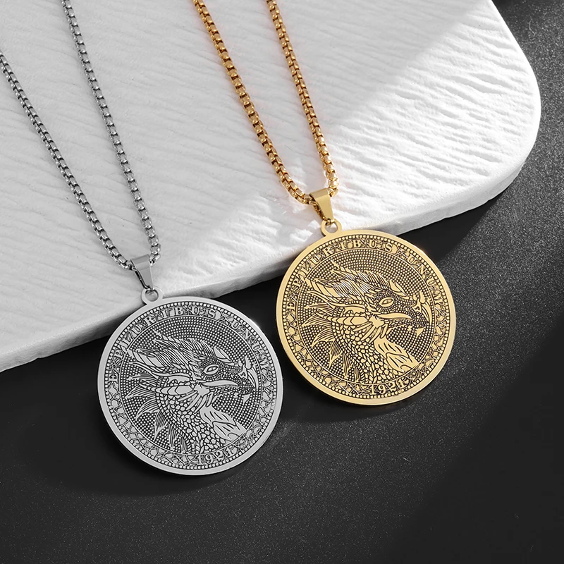 Stainless Steel Retro Dragon King Eagle Coin Pendant Necklace for Men and Women Personalized Punk Hip-Hop Rock Lucky Jewelry