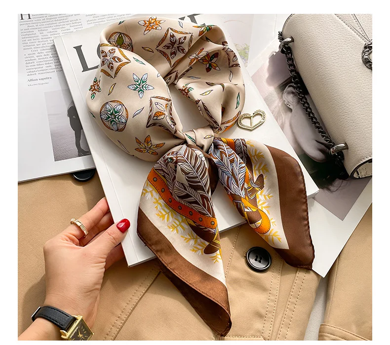 Marke Floral Print Seide Quadrat Schal Frauen Weiche Satin Kopftuch Haarband Halstuch Kopf Hijab Dame Stirnband Foulard Tasche Band – Detail 1