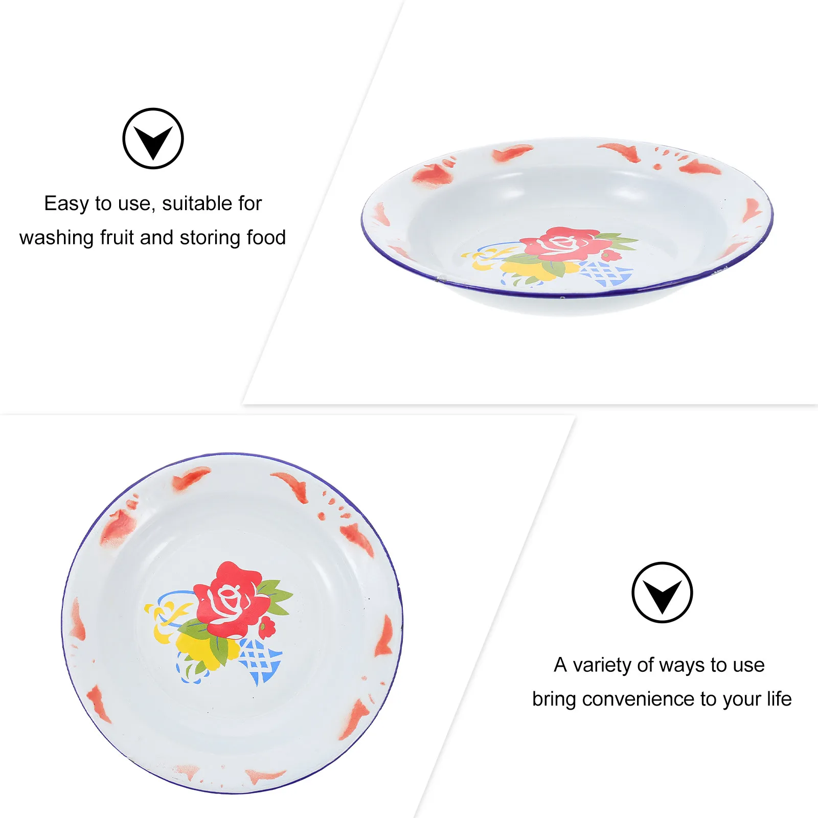 Enamelware Plate Chinese Style Flower Pattern Food Serving Plate Vintage Snack Dish Fruit Cake Candy Tableware