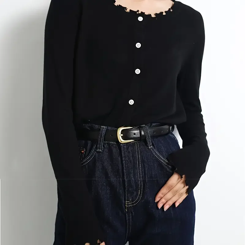 Cinto de couro clássico com botão marrom, versátil, retrô, moda popular, tendência de sentido de alta qualidade, estilo jeans, cinto de couro preto