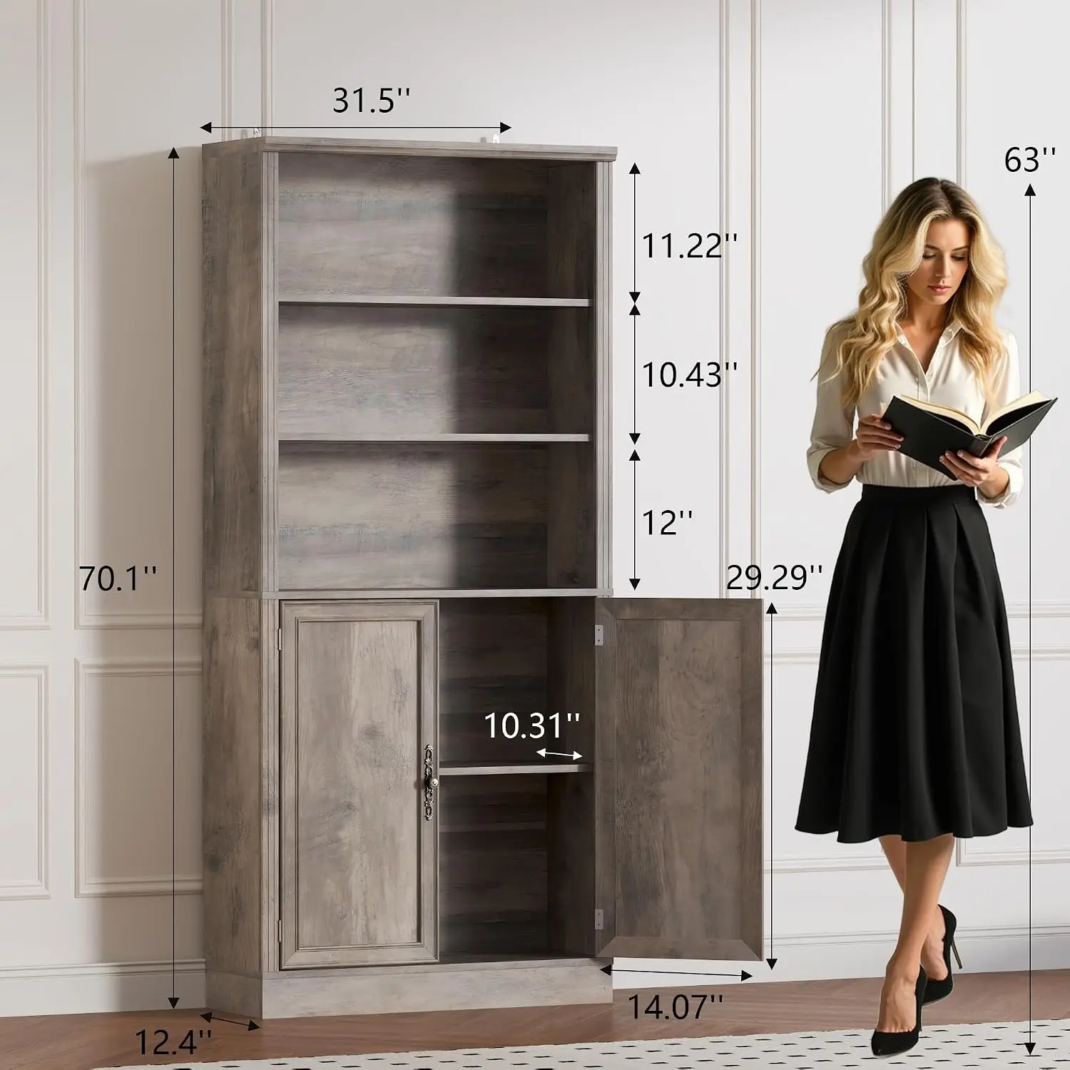 5-Tier Bookshelf Cabinet Doors Adjustable Shelves 31.5