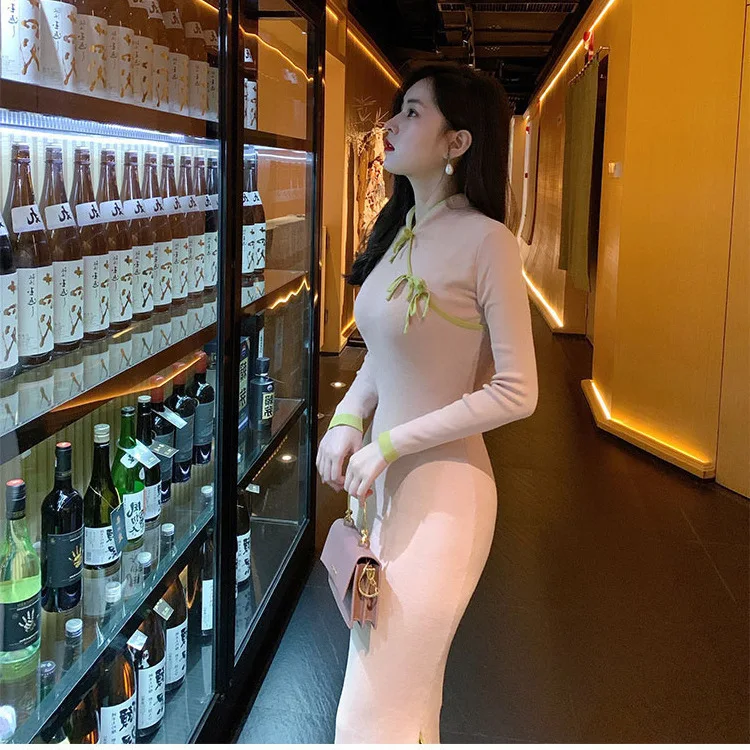 

3752 Элегантное изящное облегающее платье Cheongsam с воротником-стойкой и улучшенным бантом, с молодежной и нежной атмосферой
