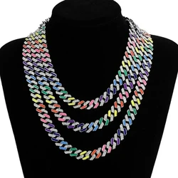 Fashion Men Women Hip Hop Necklace 12mm Rainbow Colors Miami Rhinestone Cuban Link Chain Necklaces Hiphop Jewelry Gift
